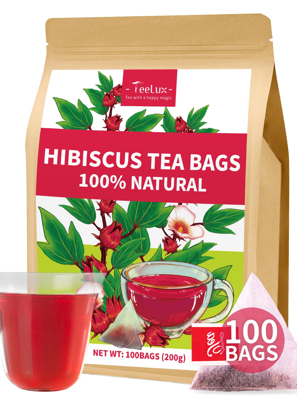 TeeLux Hibiscus tea bags packaging on shelf highlights eco-friendly 100-count pack