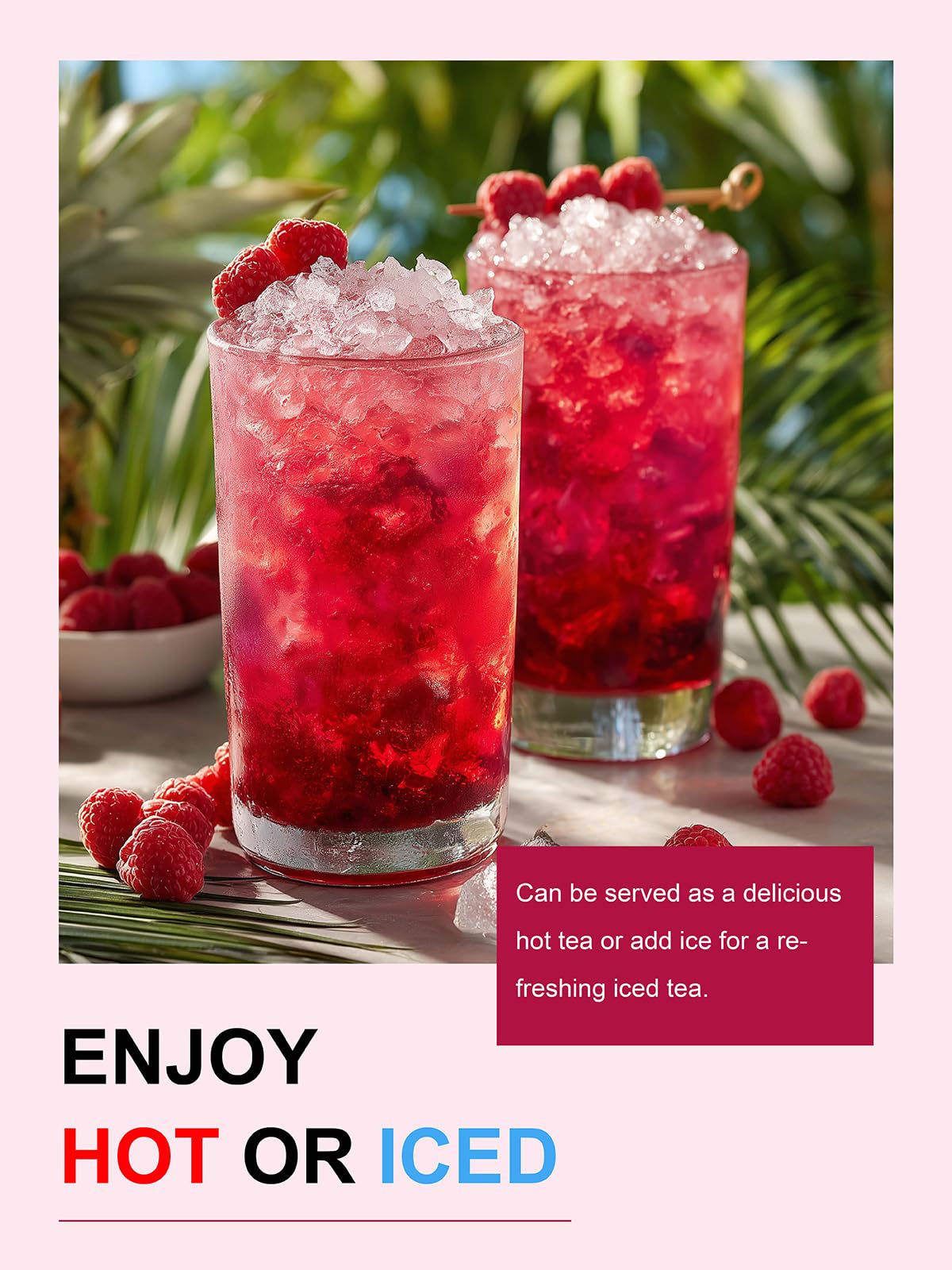 Refreshing iced TeeLux hibiscus tea poured into a glass