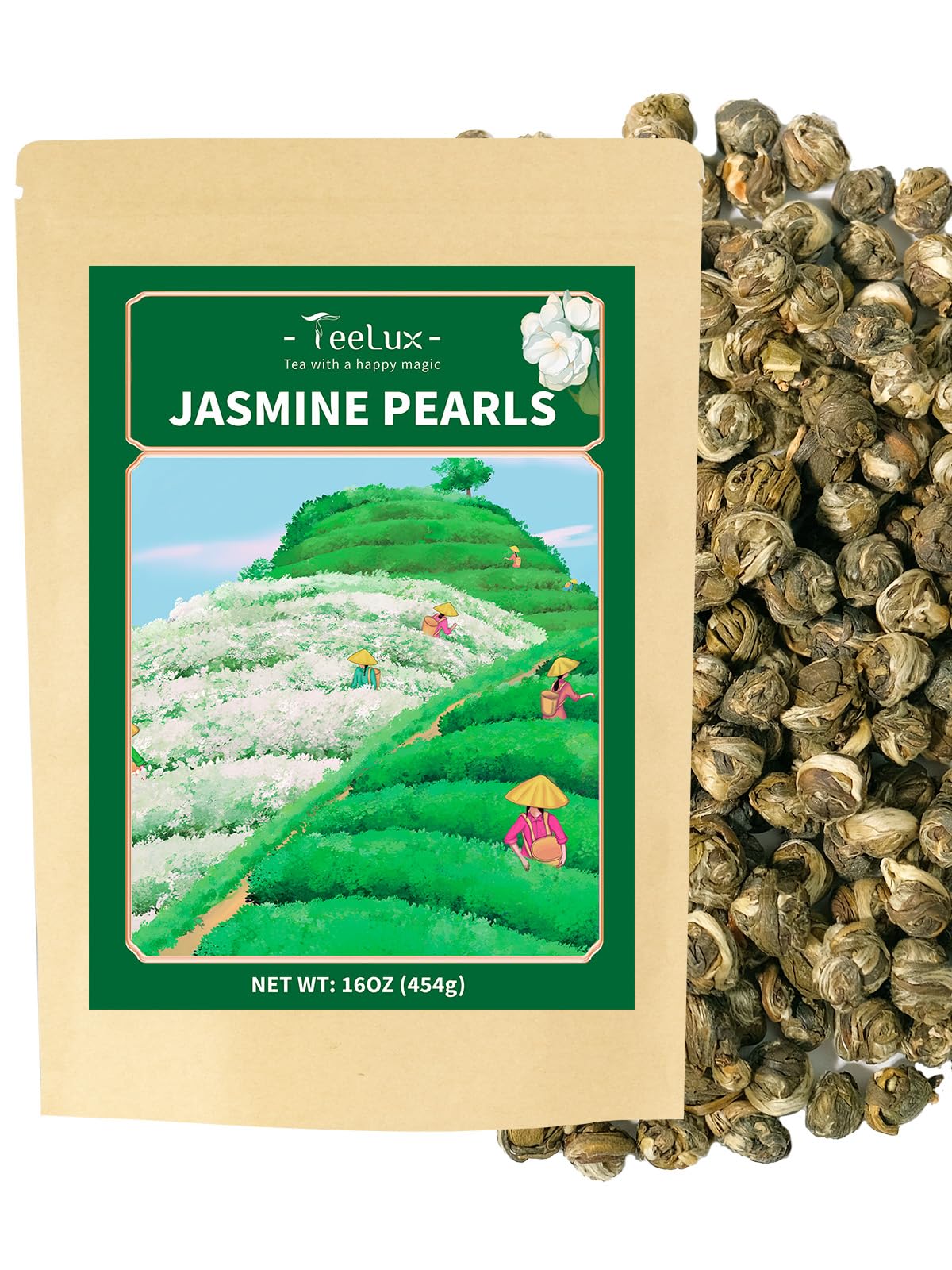 TeeLux Jasmine Pearls Green Tea packaging shows premium loose leaves for lasting freshness.