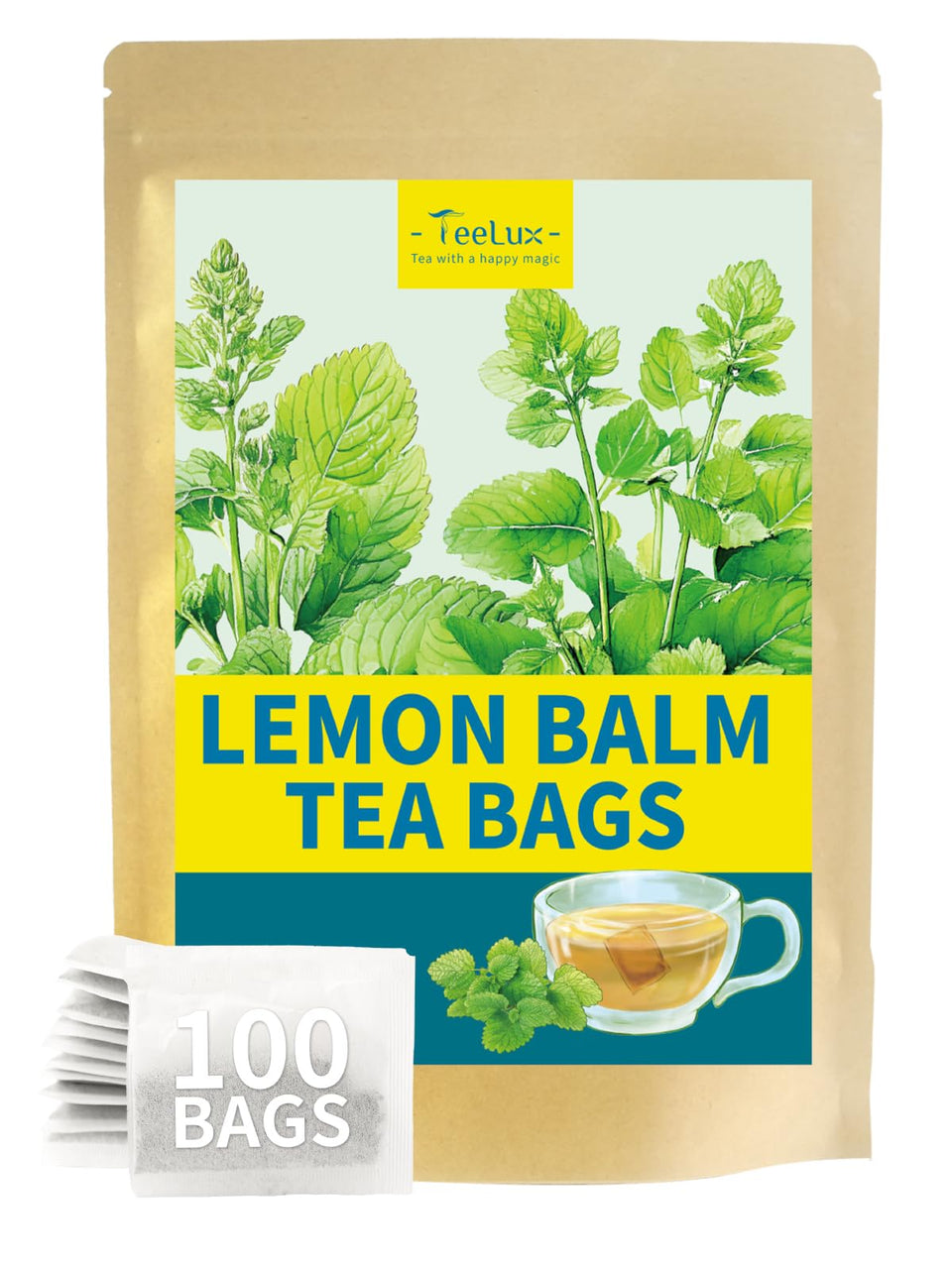 TeeLux Lemon Balm Tea Bags packaging shows eco-friendly design and freshness