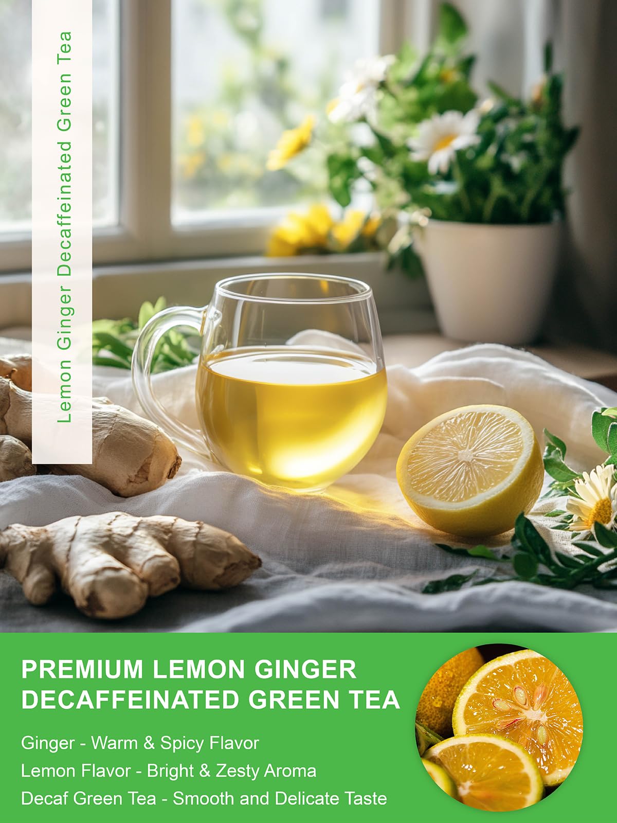 TeeLux Lemon Ginger Decaf Tea bag closeup highlights eco-friendly packaging