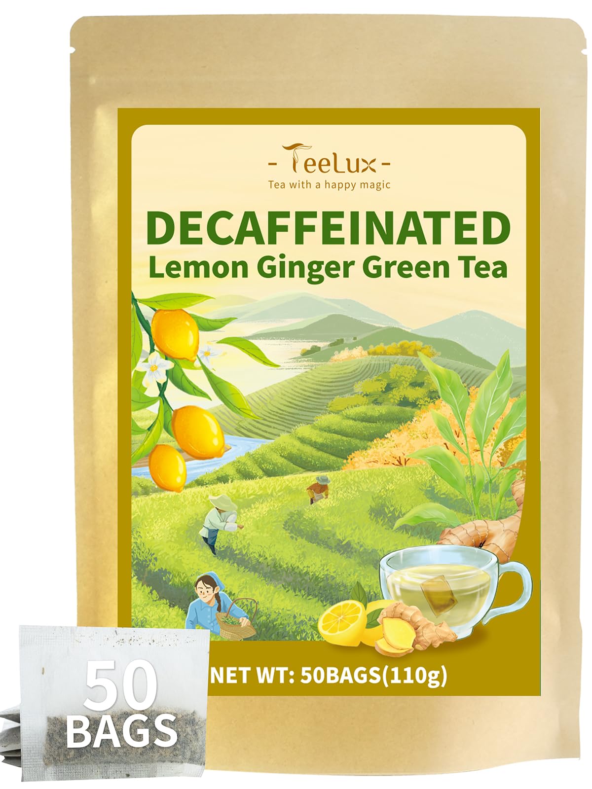 TeeLux Lemon Ginger Decaf Tea in a cup with soothing flavor