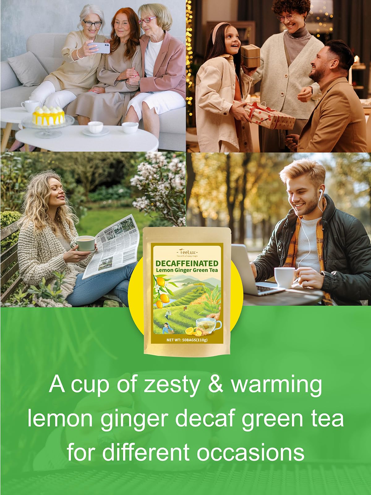 TeeLux Lemon Ginger Decaf Tea morning routine image implies caffeine-free ritual