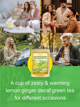 TeeLux Lemon Ginger Decaf Tea morning routine image implies caffeine-free ritual