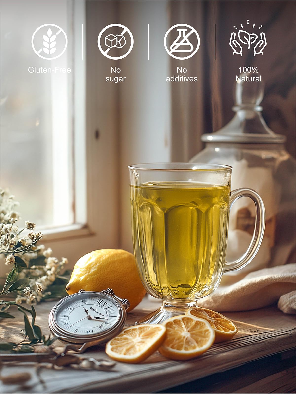 TeeLux Lemon Ginger Decaf Green Tea packaging logo emphasizes premium quality