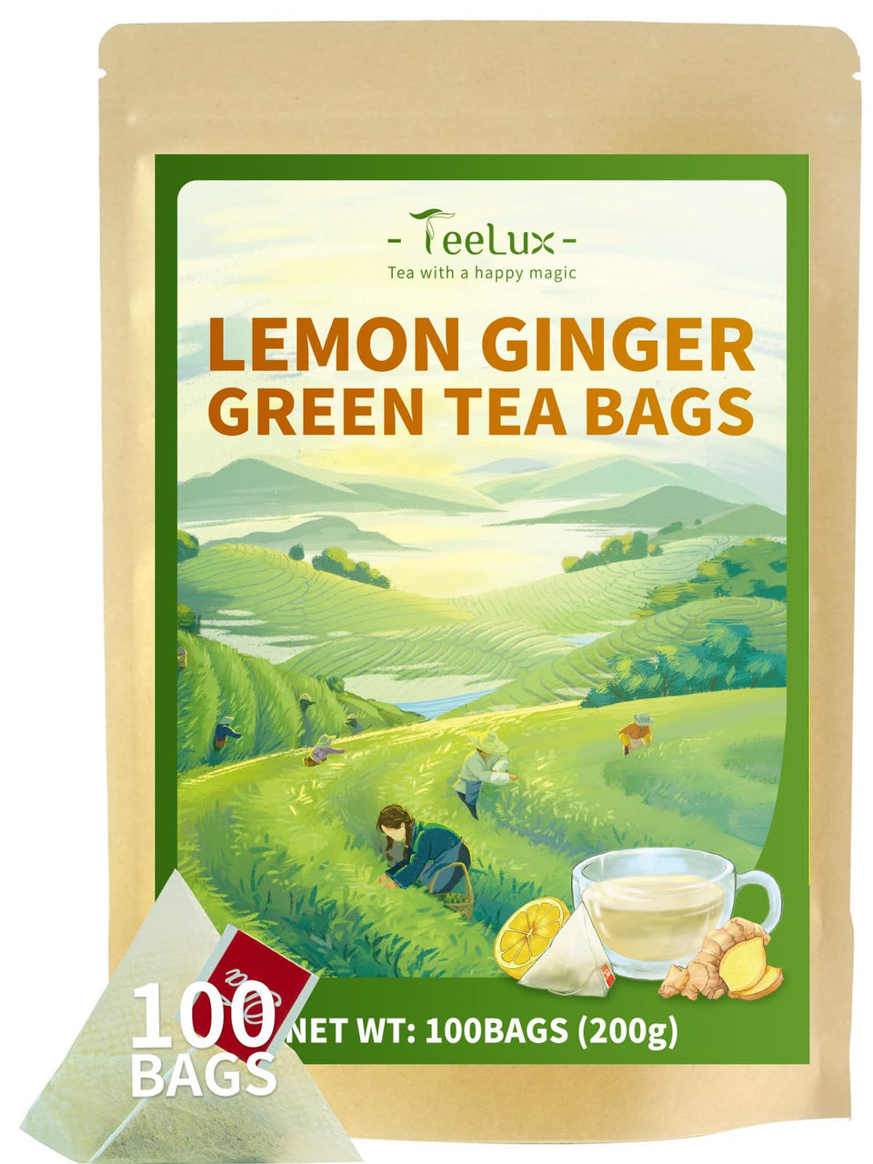 TeeLux Lemon Ginger Green Tea packaging shows premium quality and zesty flavor promise.