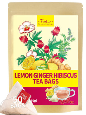 TeeLux Lemon Ginger Hibiscus Tea packaging highlights eco-friendly bags for easy daily brewing