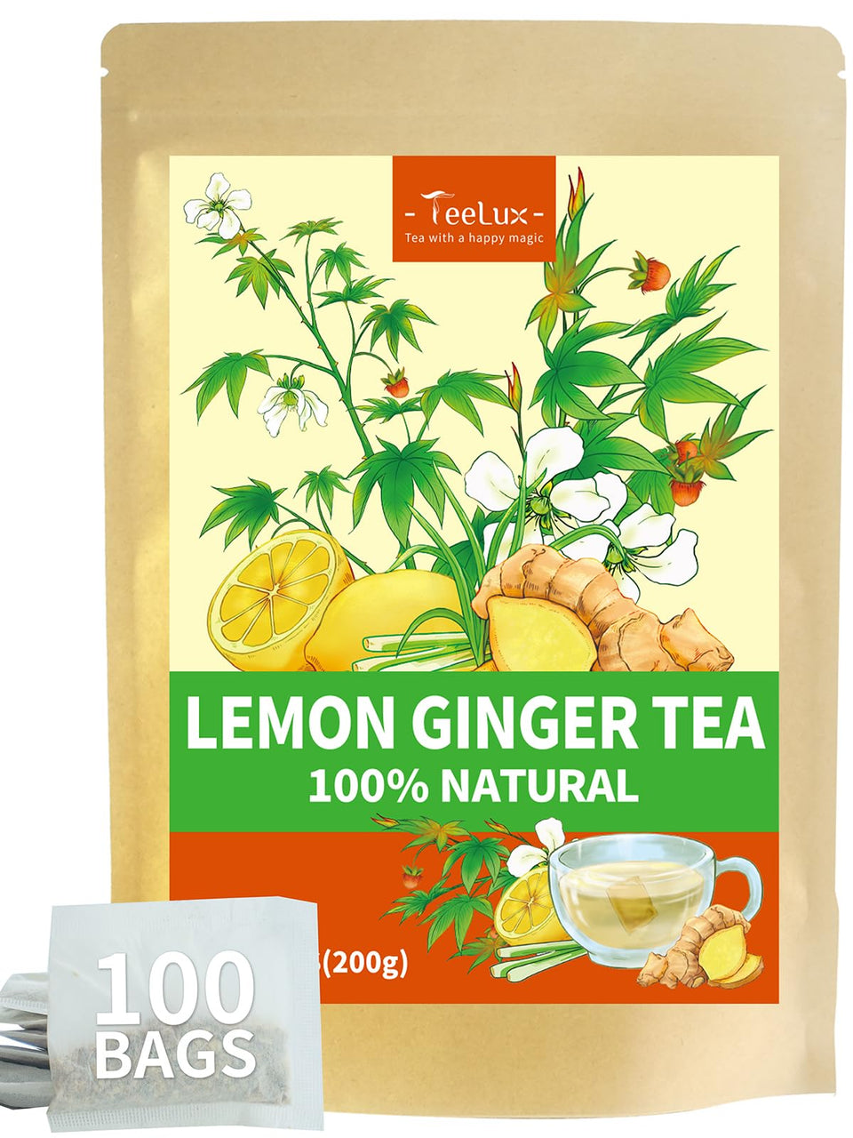 TeeLux Lemon Ginger Tea bags closeup, eco-friendly and natural ingredients.