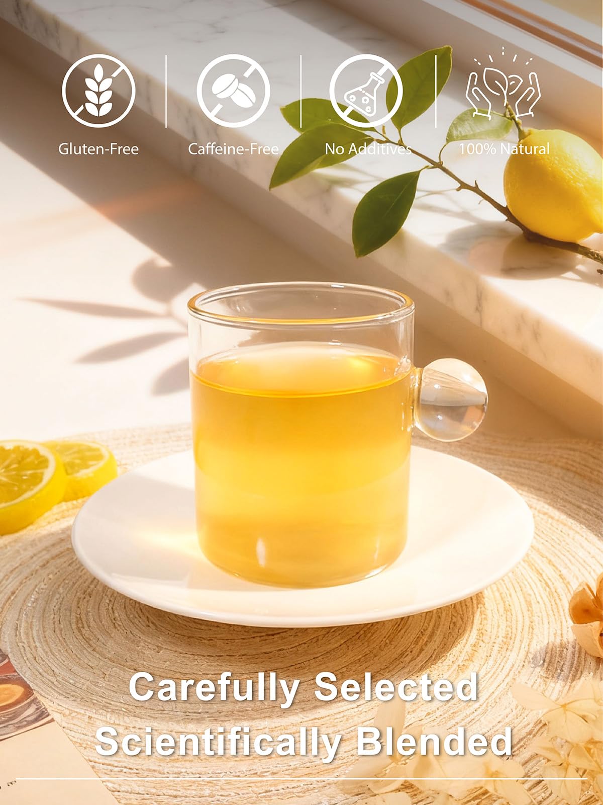 Ingredients of TeeLux Lemon Ginger Tea: ginger, lemon, lemongrass blend.