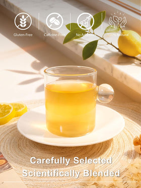 Ingredients of TeeLux Lemon Ginger Tea: ginger, lemon, lemongrass blend.