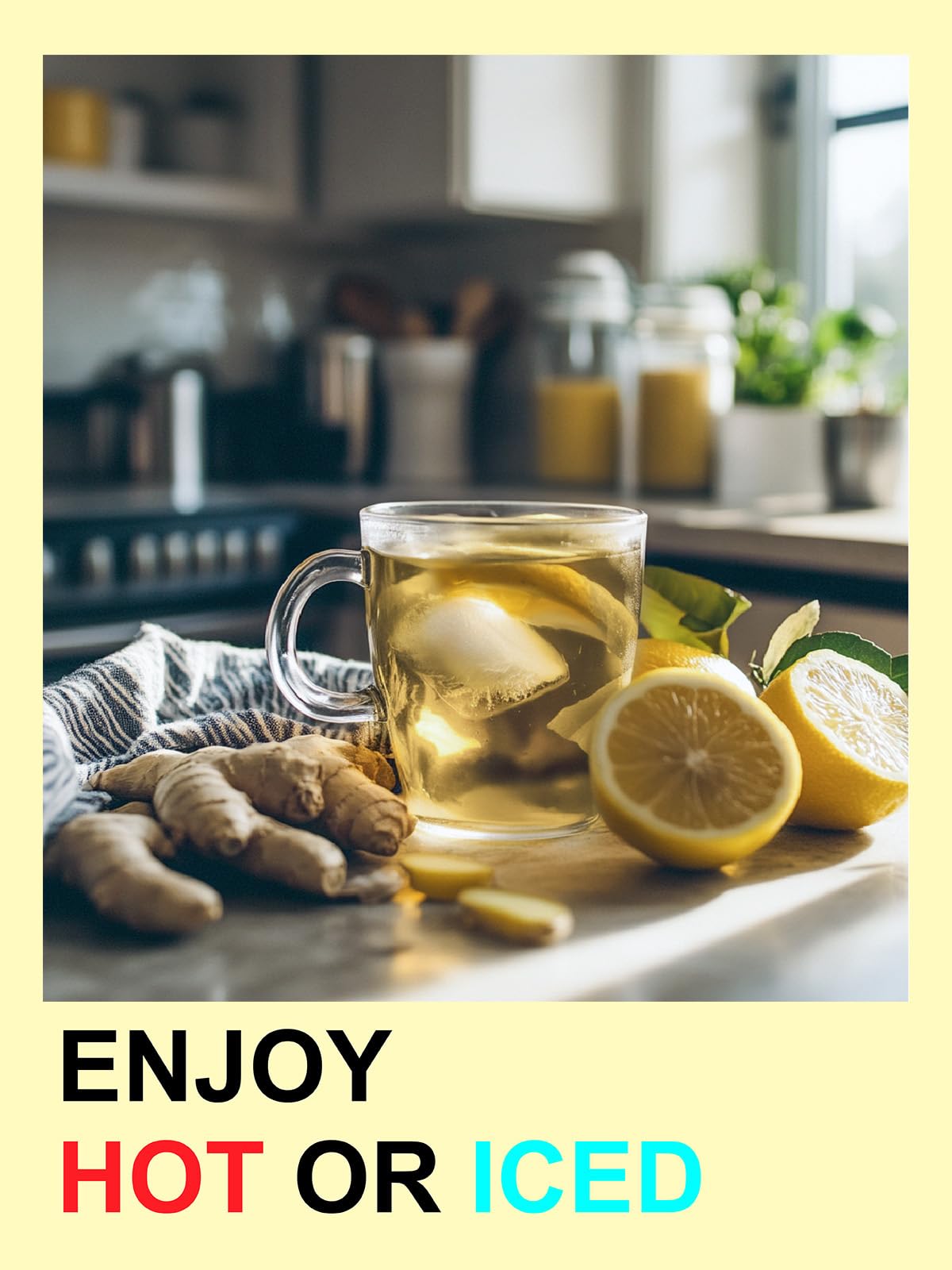 TeeLux Lemon Ginger Tea on kitchen counter, ready to brew.