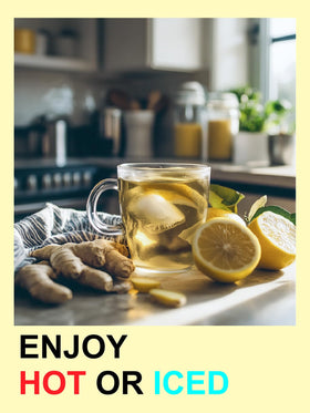 TeeLux Lemon Ginger Tea on kitchen counter, ready to brew.