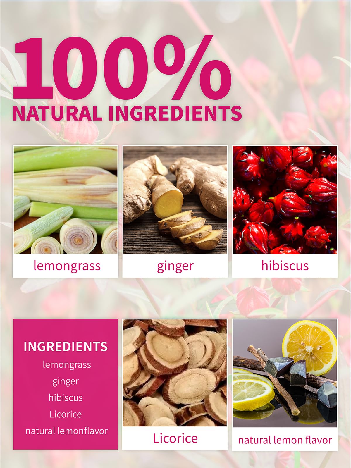 TeeLux ingredients close-up features lemongrass, ginger, hibiscus for vibrant flavor