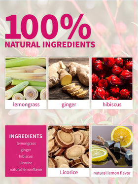 TeeLux ingredients close-up features lemongrass, ginger, hibiscus for vibrant flavor
