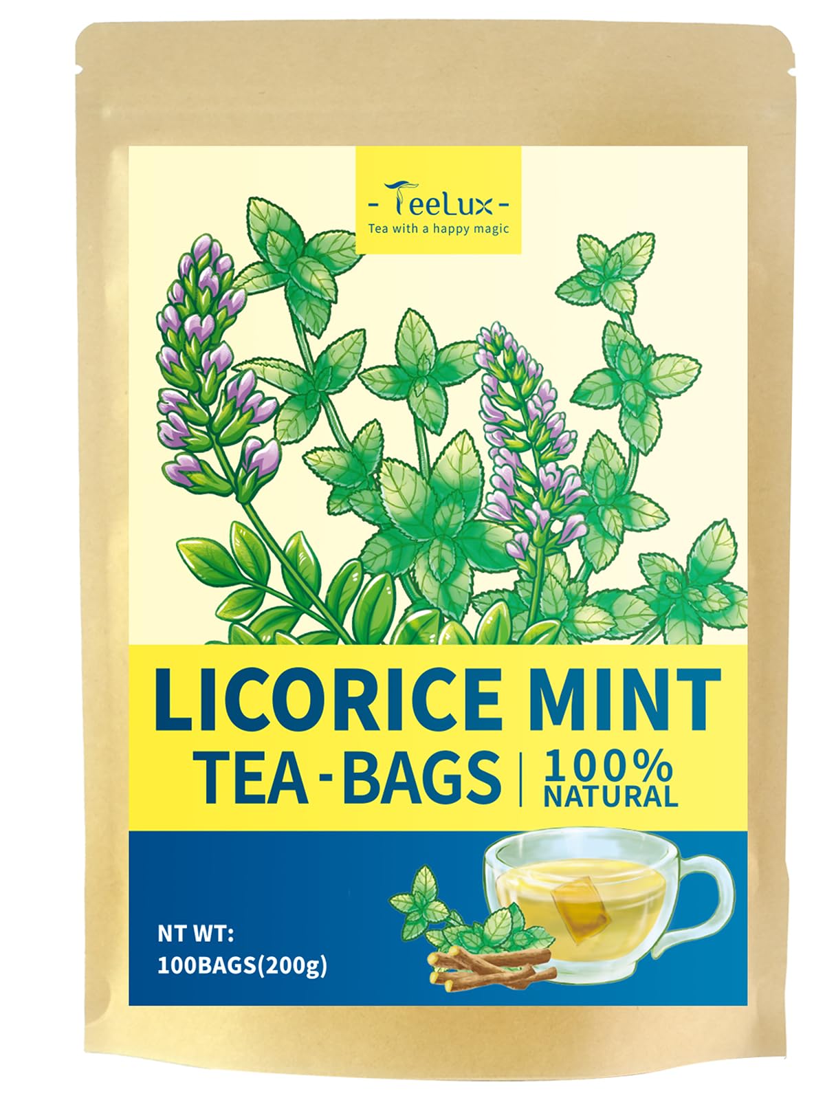TeeLux Licorice Peppermint Tea bags offer caffeine-free refreshment with natural licorice sweetness.