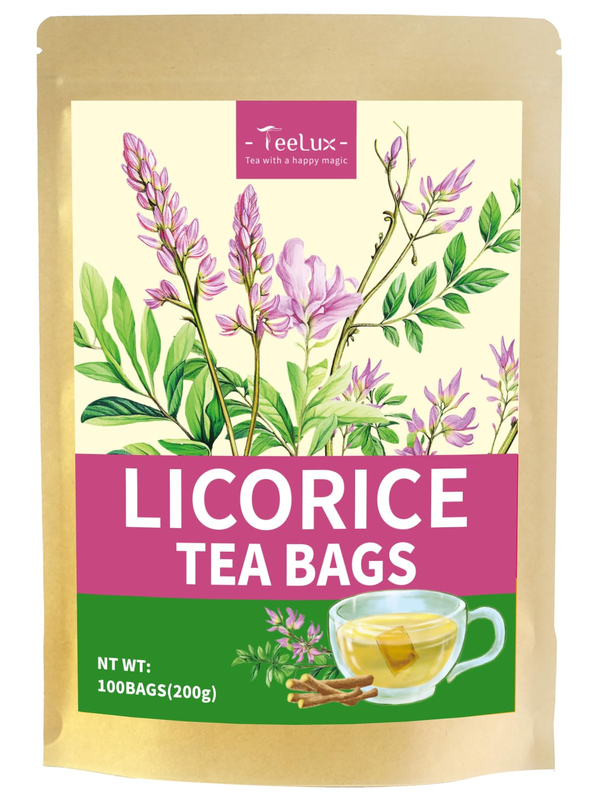 TeeLux Licorice tea bags on packaging front highlighting premium roots for a naturally sweet cup.