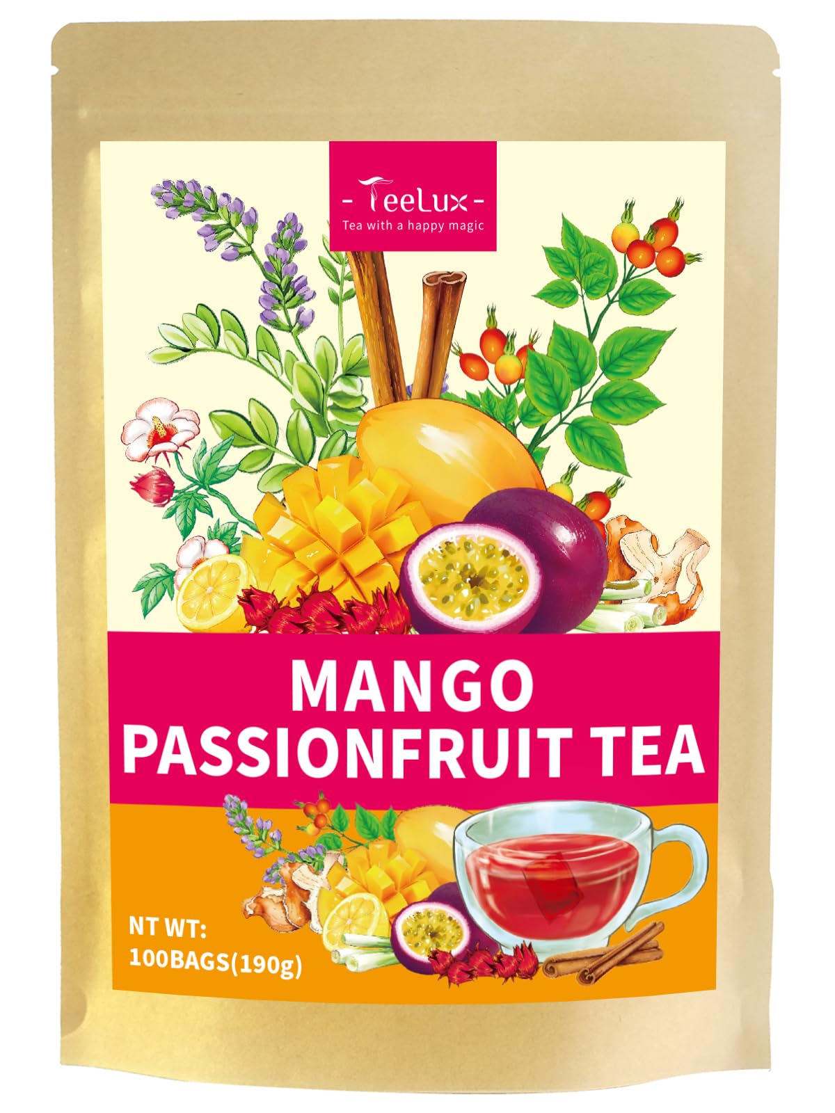 TeeLux Mango Passion Fruit Tea bags show a bright tropical brew in a cup