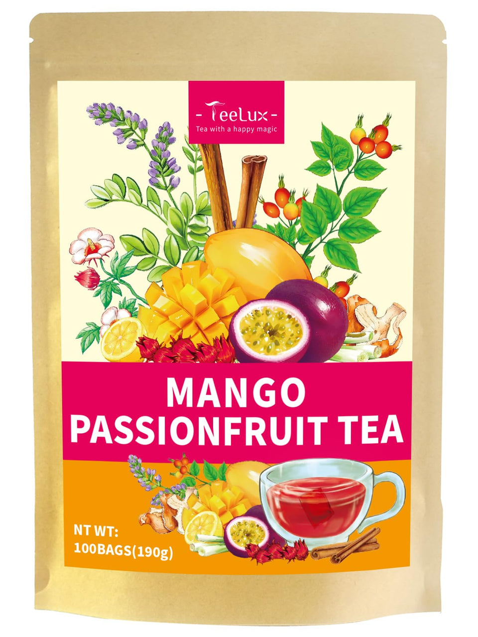 TeeLux Mango Passion Fruit Tea bags show a bright tropical brew in a cup