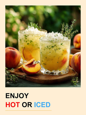 TeeLux Mango Peach Green Tea label close-up emphasizing eco-friendly packaging and freshness.