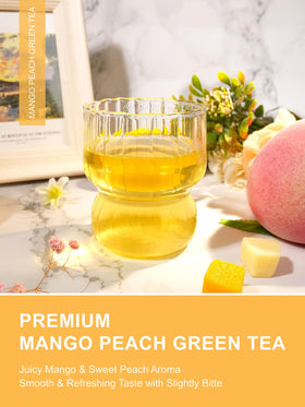 TeeLux Mango Peach Green Tea packaging foil bags preserving freshness and natural taste.
