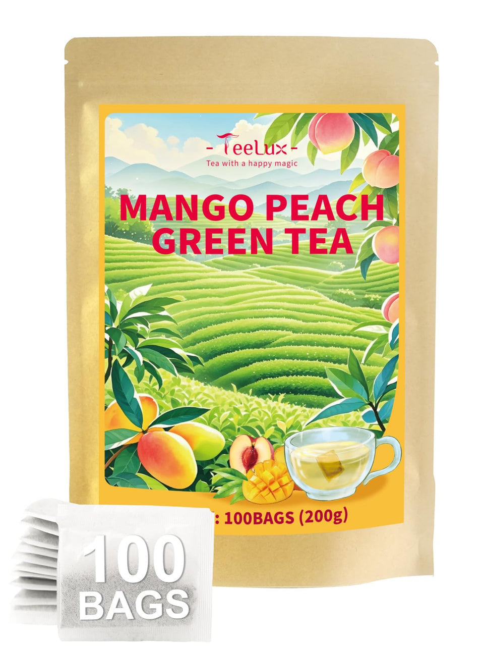 TeeLux Mango Peach Green Tea tea bags close-up, highlighting vibrant aroma and fruity flavor.