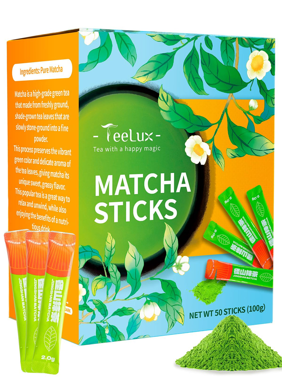 Teelux Matcha first harvest powder in single-serve packets, ideal for on-the-go use.