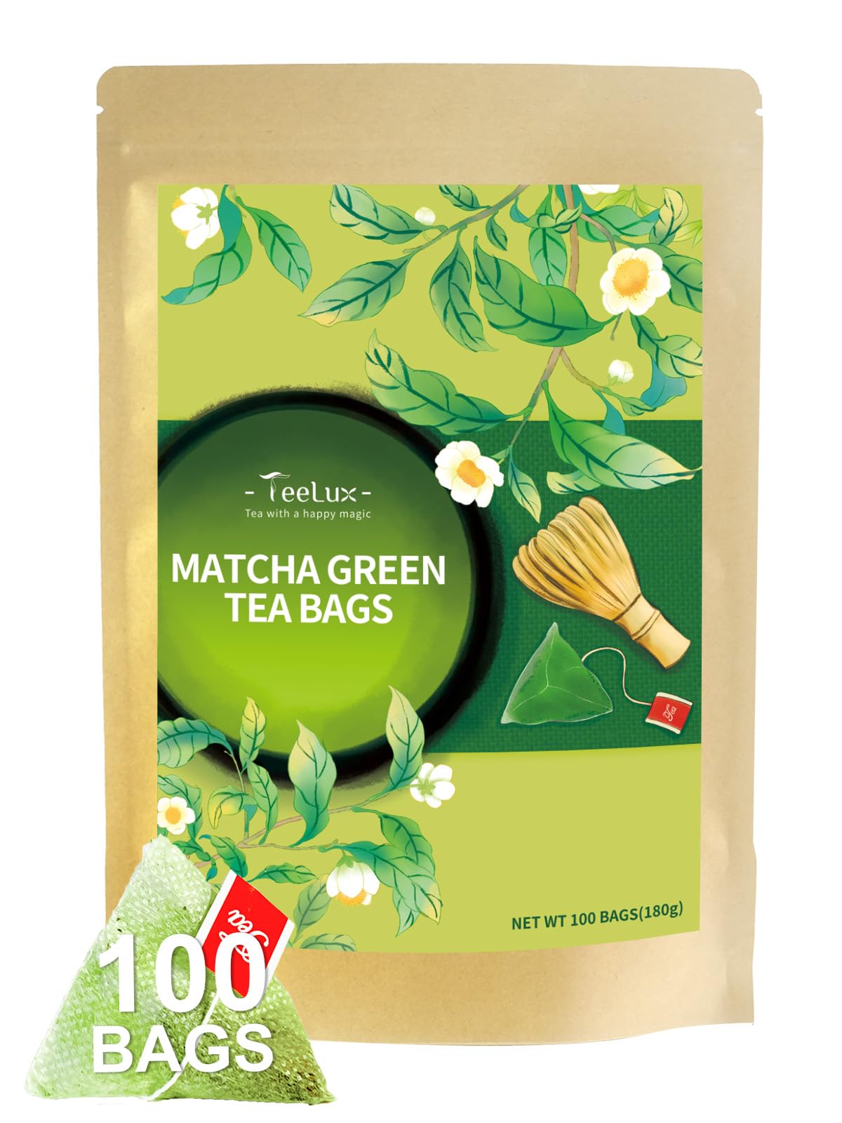 TeeLux Matcha Green Tea Bags show premium blend in close-up packaging
