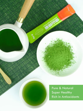 Teelux Matcha stick packets on the go, convenient for quick lattes.