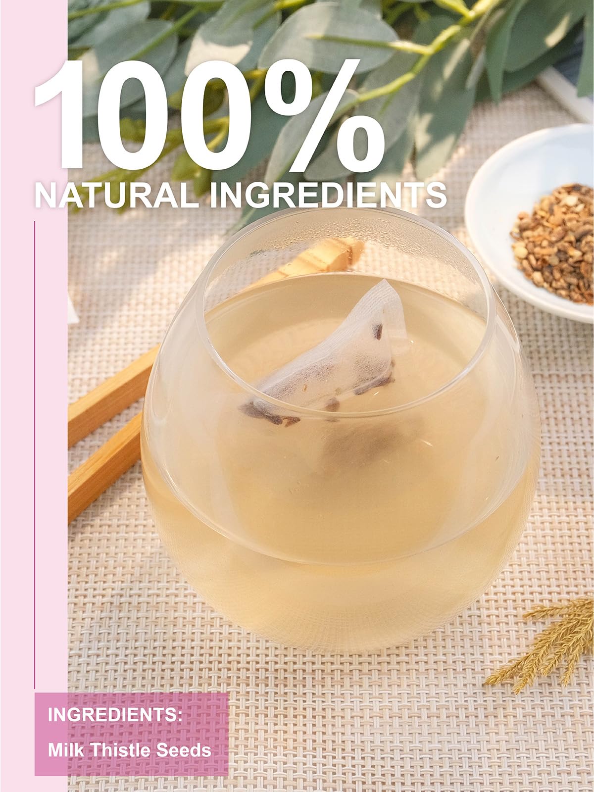 Tea bags inside packaging showing non-GMO fiber and compostable design