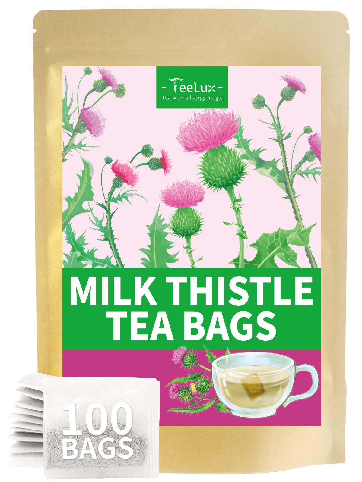 TeeLux Milk Thistle Tea Bags packaging in resealable kraft pouch for freshness