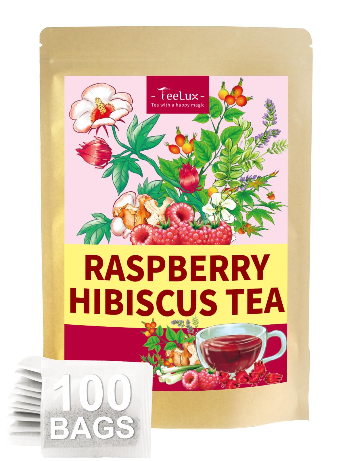 TeeLux Raspberry Hibiscus tea bags pack ready for convenient daily brewing
