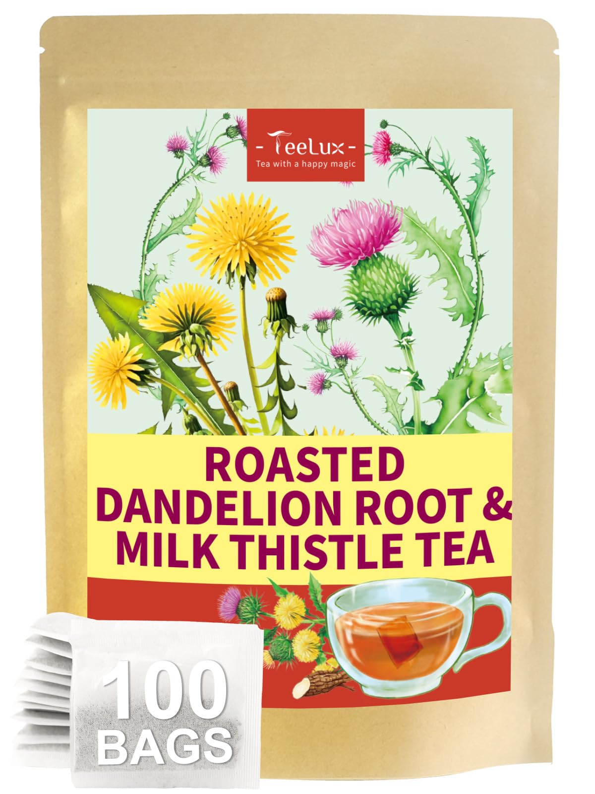 TeeLux roasted dandelion tea bag—caffeine-free calm.