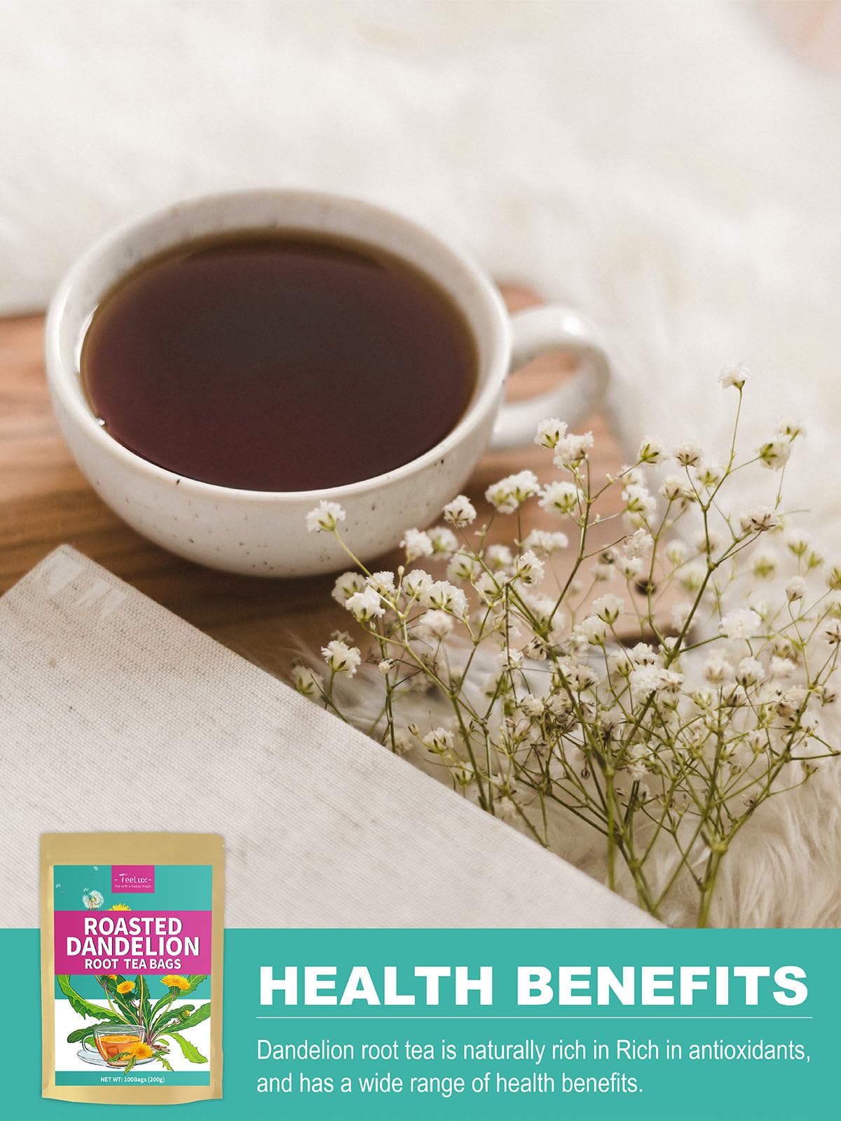 TeeLux Roasted Dandelion Root Tea Bags shown with eco-conscious packaging.