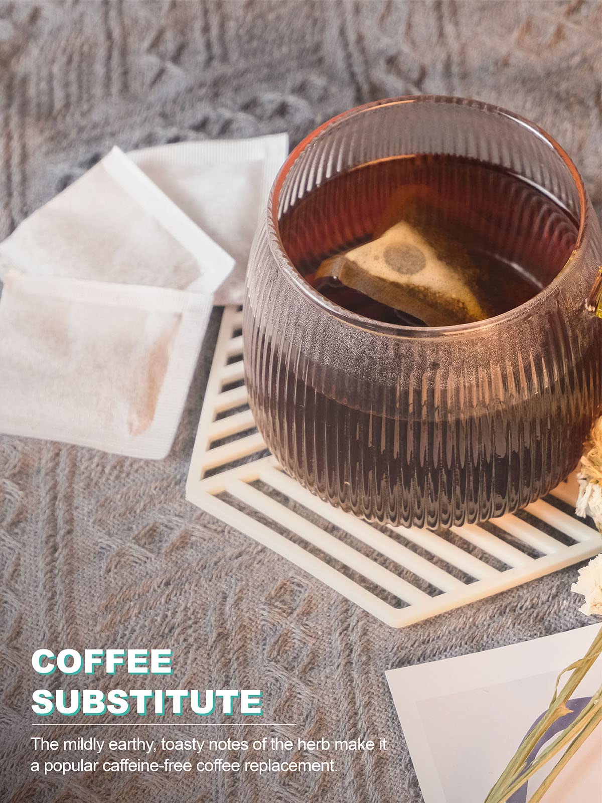 TeeLux Roasted Dandelion Root Tea Bags steeping in a cup for a cozy ritual.