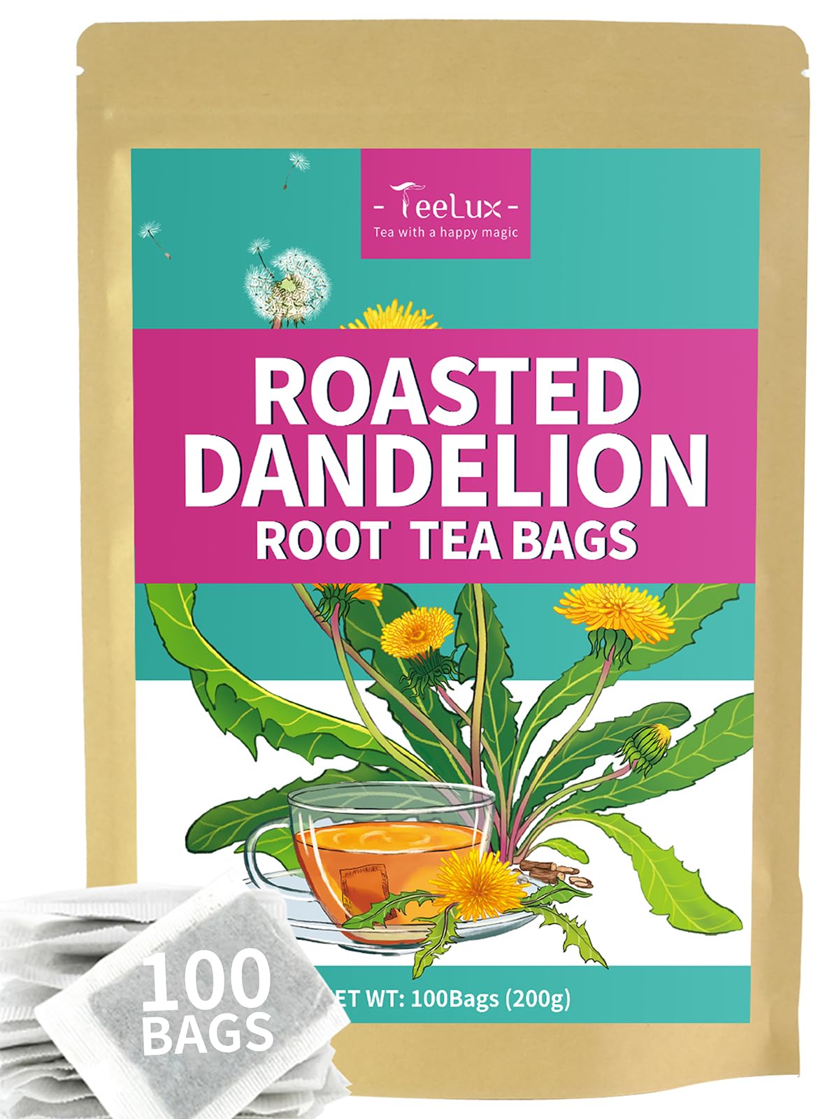 TeeLux Roasted Dandelion Root Tea Bags packaging close-up, premium caffeine-free herbal tea.