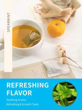 TeeLux spearmint tea bags hot cup with steam showcasing refreshing aroma