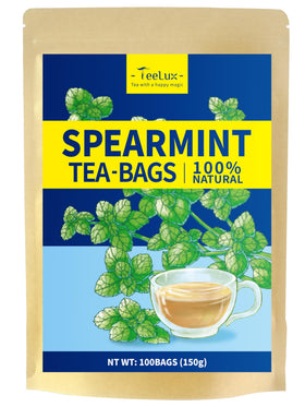 TeeLux spearmint tea bags packaging close-up for eco-friendly freshness