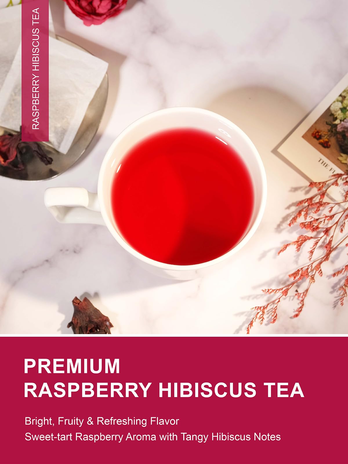 TeeLux tea bags steeping to reveal a bright, berry-forward cup