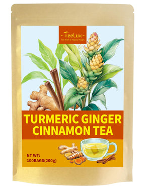 Teelux turmeric ginger cinnamon tea packet showing premium ingredients for warm flavor.