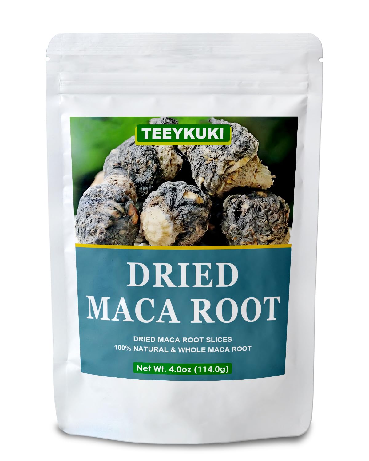 TEEYUKI black maca root slices 4oz, ideal for smoothies and daily supplements.