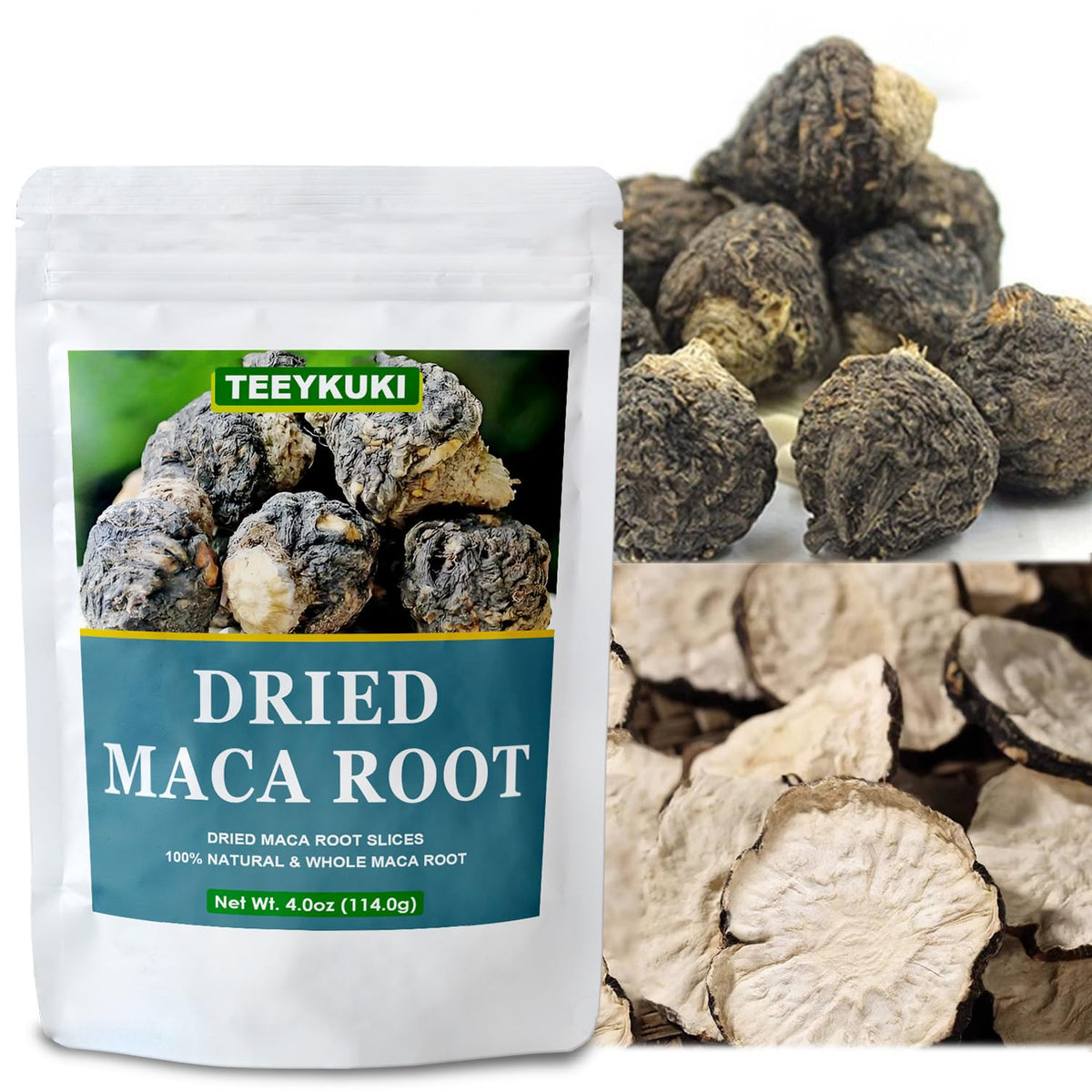 TEEYUKI dried maca root slices in a bowl, versatile for shakes and baking.