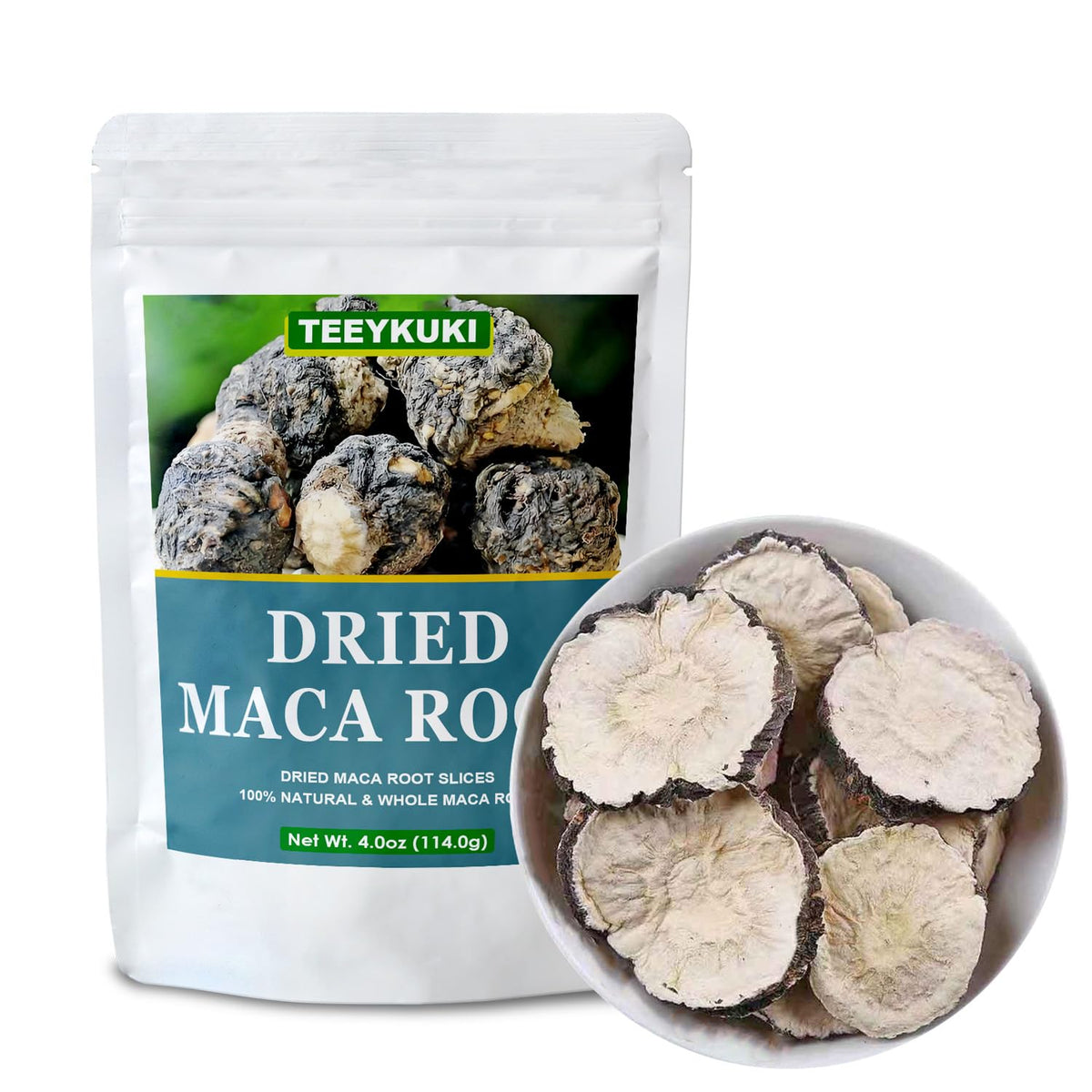 TEEYUKI packaged maca root slices ready for beverages and recipes.