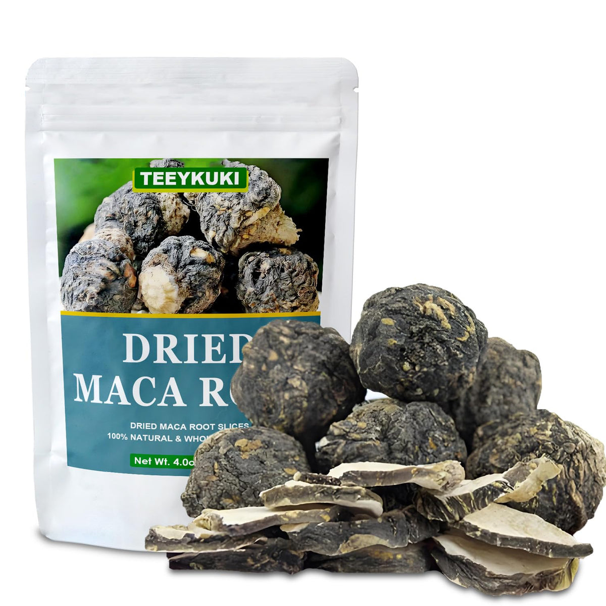 TEEYUKI sun-dried maca slices close-up for premium quality and easy mixing.