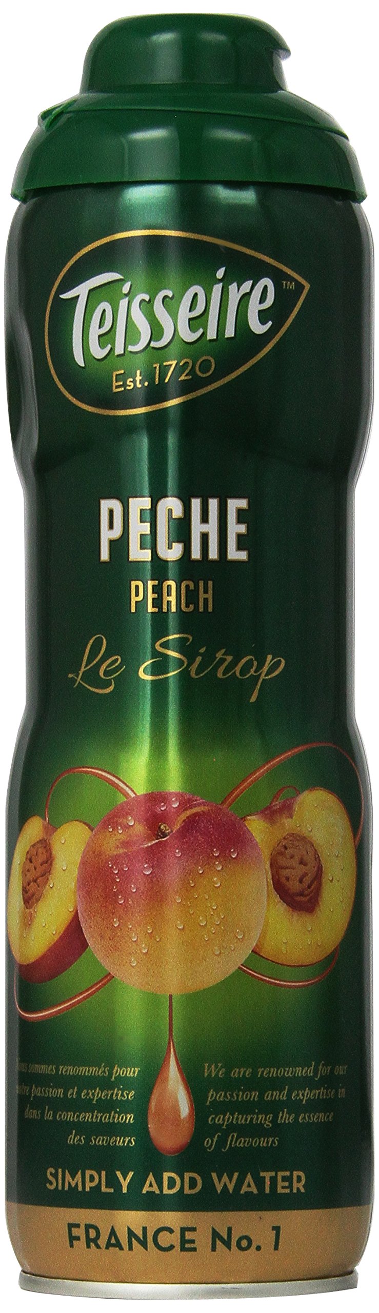 Teisseire Peach Syrup bottle highlighting French peach flavor for drinks