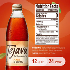 Tejava Peach Black Tea bottle pour showcasing smooth, bold taste.