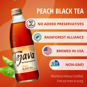 Tejava Peach Black Tea label emphasizes sustainability and non-GMO sourcing.