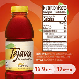 Close-up of Tejava Lemon Black Tea bottle highlighting natural lemon flavor.