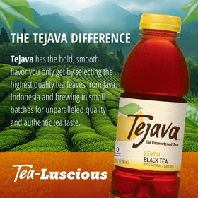 Tejava Lemon Black Tea bottle on a kitchen counter for easy refreshment.