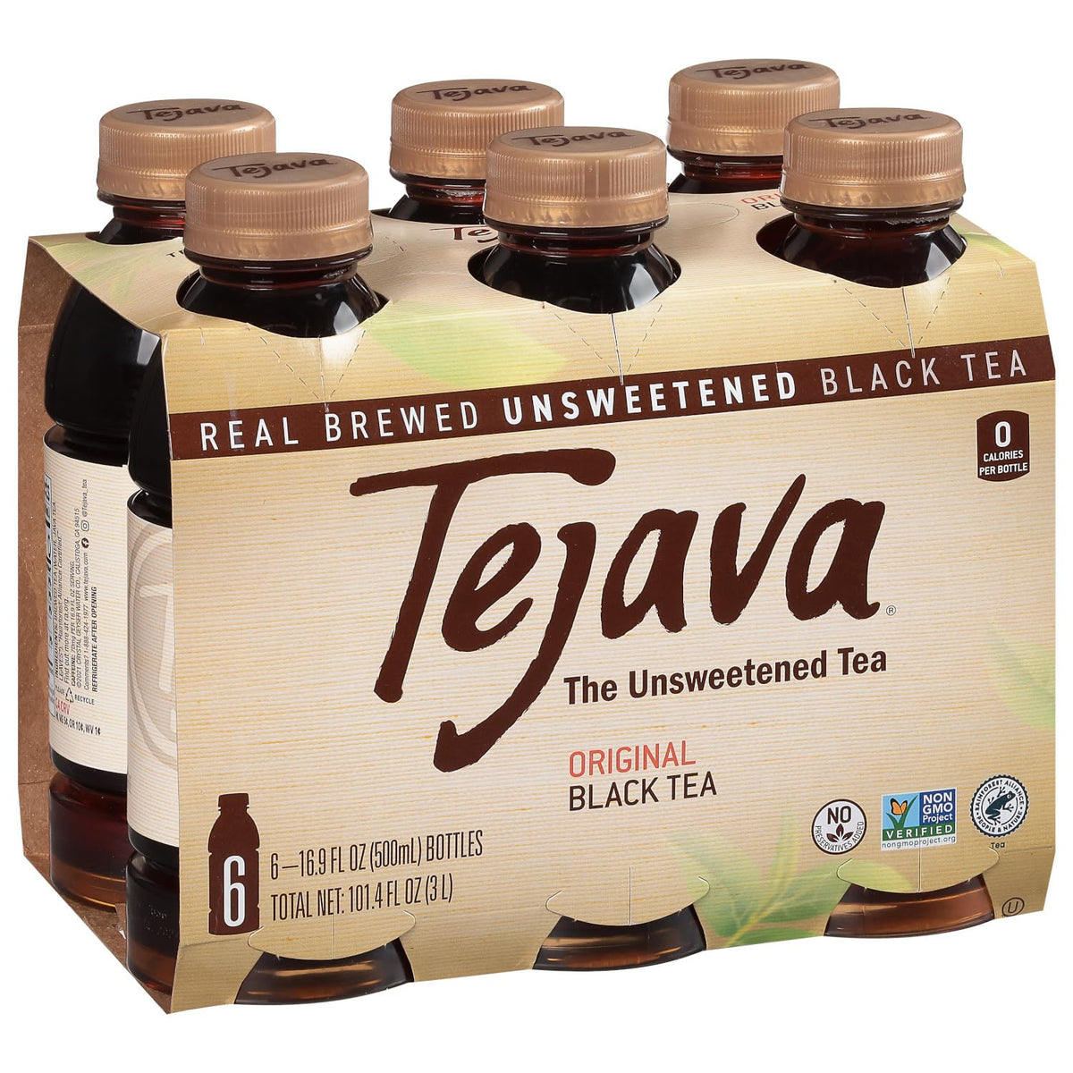 Tejava Original Black Tea 6-pack bottles on kitchen counter, unsweetened refreshment