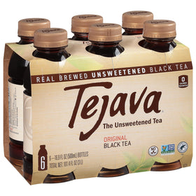 Tejava Original Black Tea 6-pack bottles on kitchen counter, unsweetened refreshment